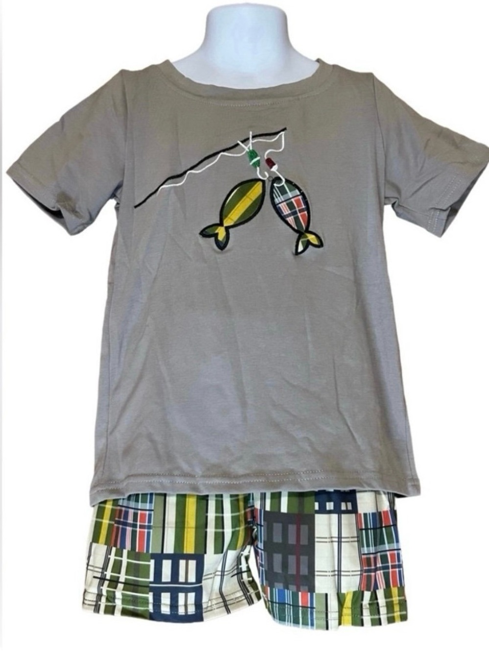 NEW Boutique Boy Fishing Outfit T-Shirt and Plaid Shorts matching set